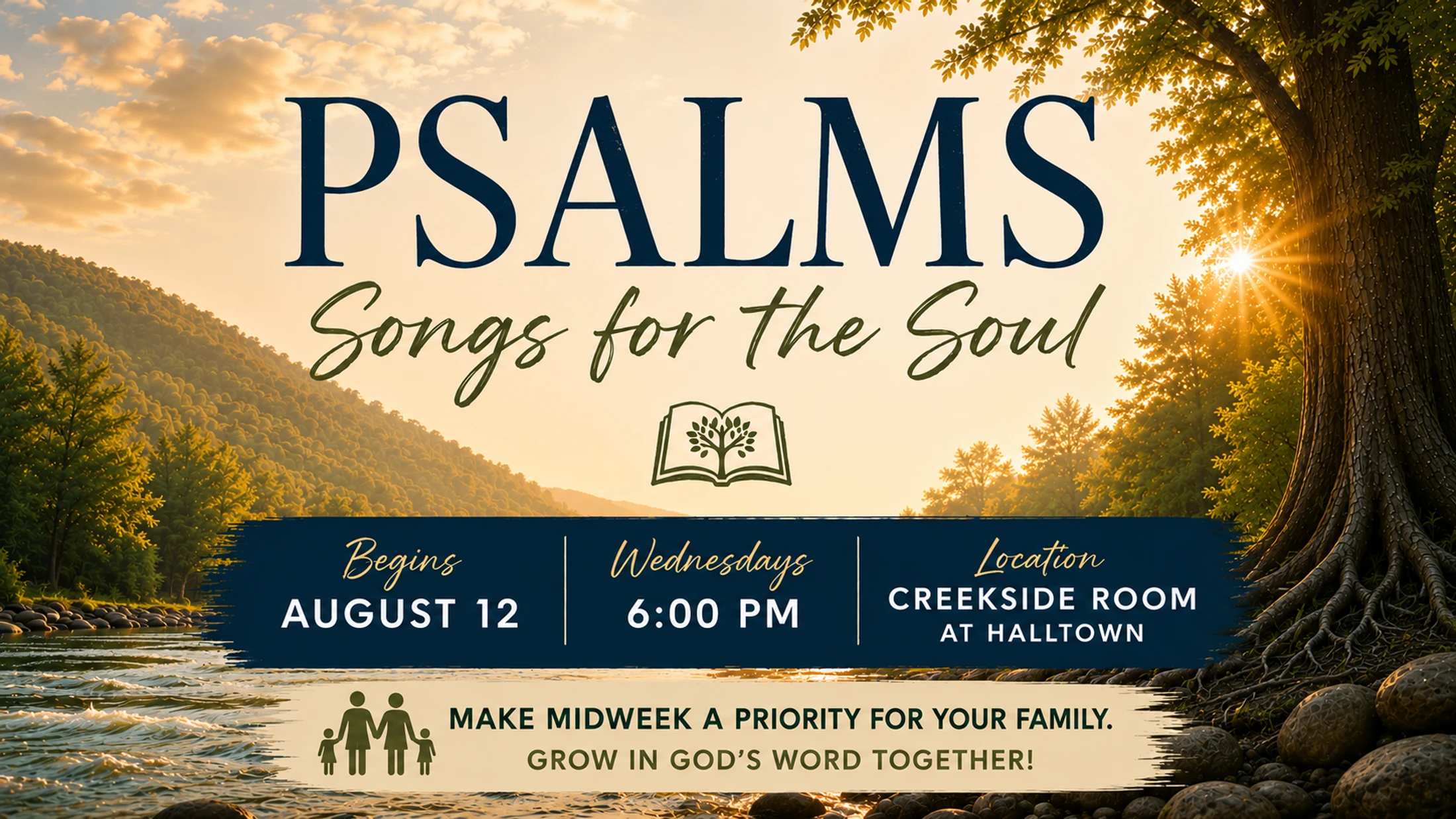 An announcement for a church bible study on Psalms over a scenic image of a river and forest at sunset, with event details listed for Wednesdays at 6 PM.