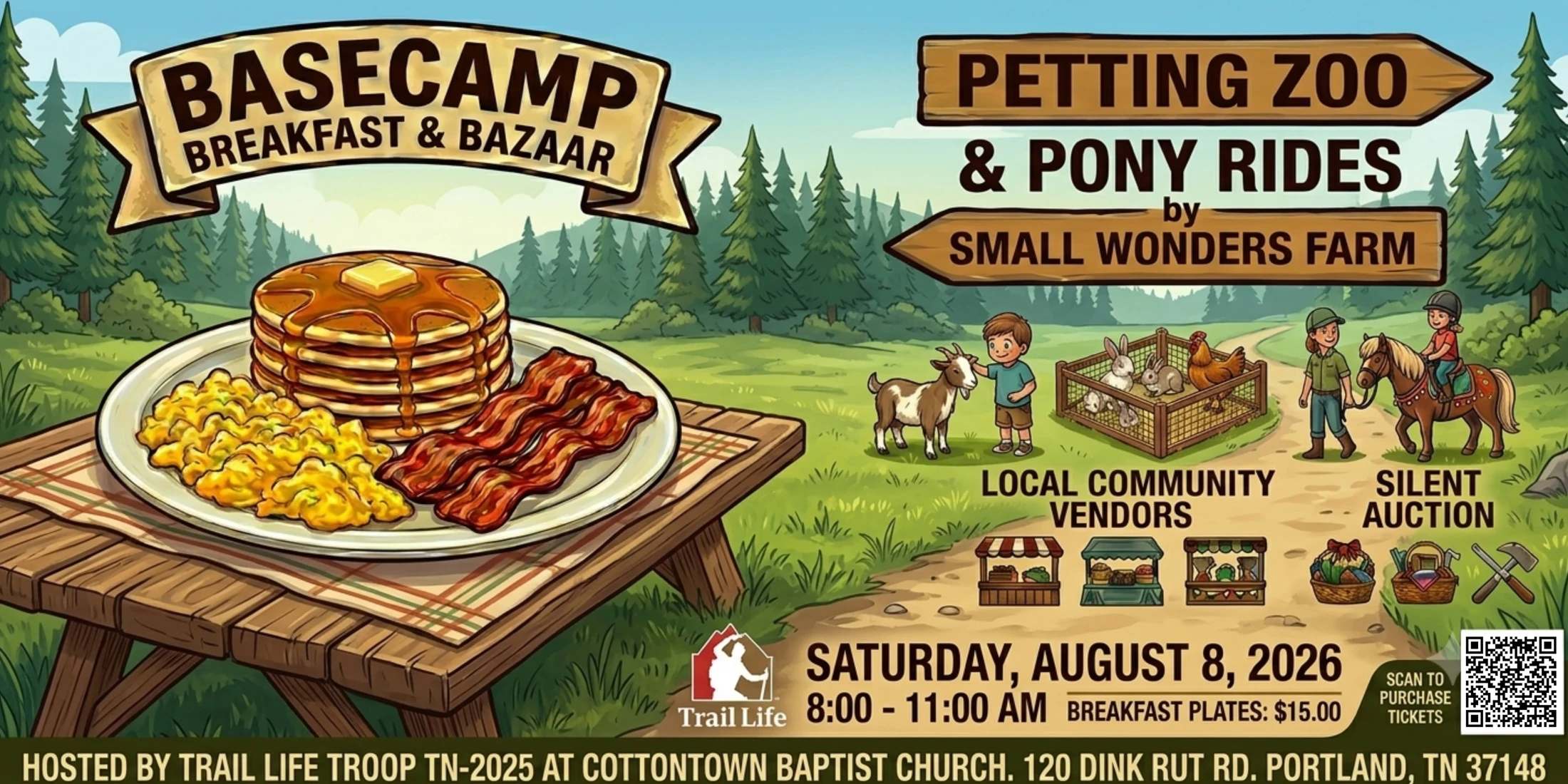 Illustrated flyer for Basecamp Breakfast & Bazaar on Aug 8, 2026, showing a breakfast plate, petting zoo, pony rides, vendors, and a silent auction.