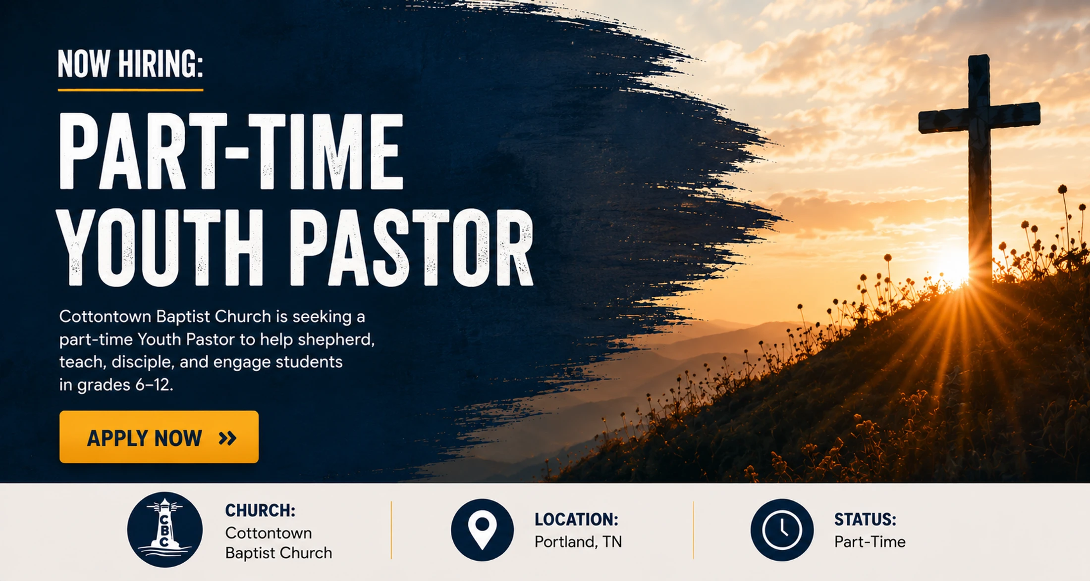 A job announcement for a Part-Time Youth Pastor at Cottontown Baptist Church, set against a background image of a cross on a hill at sunset.