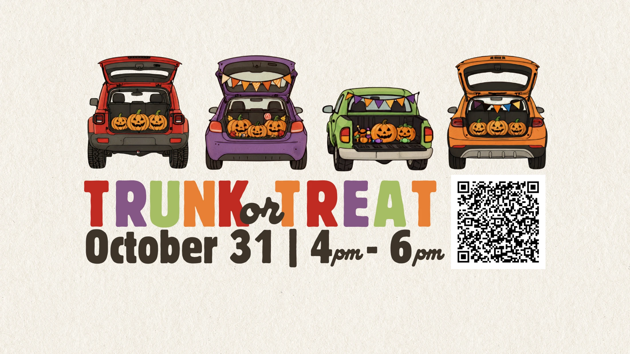 An event flyer for Trunk or Treat on October 31 from 4-6 pm. It features four cars with open trunks filled with decorated jack-o'-lanterns.