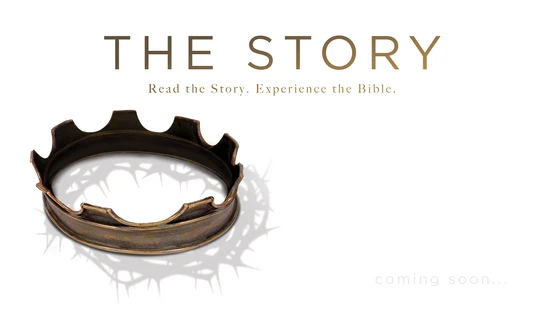 A king's metal crown on a white background casts a shadow shaped like a crown of thorns, promoting 'The Story. Read the Story. Experience the Bible.'