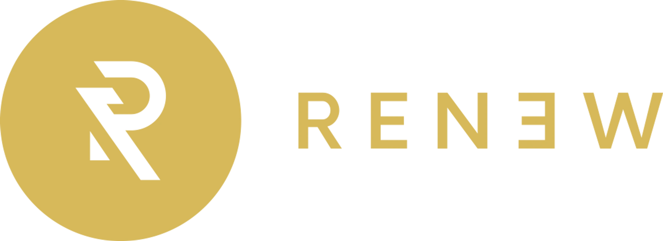 The Renew logo, featuring a gold circle with a stylized white letter R, placed next to the word RENEW in a modern gold typeface on a white background.