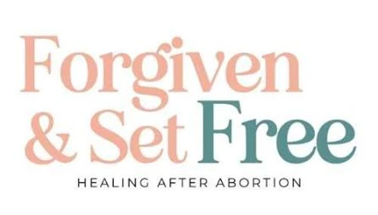 The logo for Forgiven & Set Free. The text reads 'Forgiven & Set Free' in pink and teal, with 'HEALING AFTER ABORTION' written underneath.