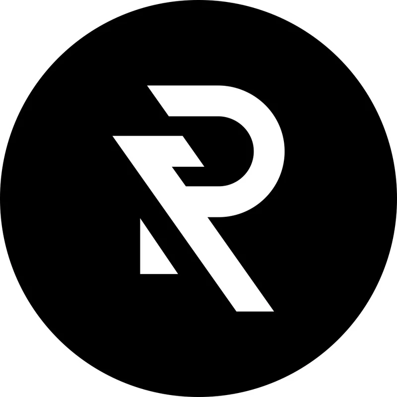 A modern, stylized white letter 'R' is centered within a solid black circle, creating a simple and graphic monogram logo.
