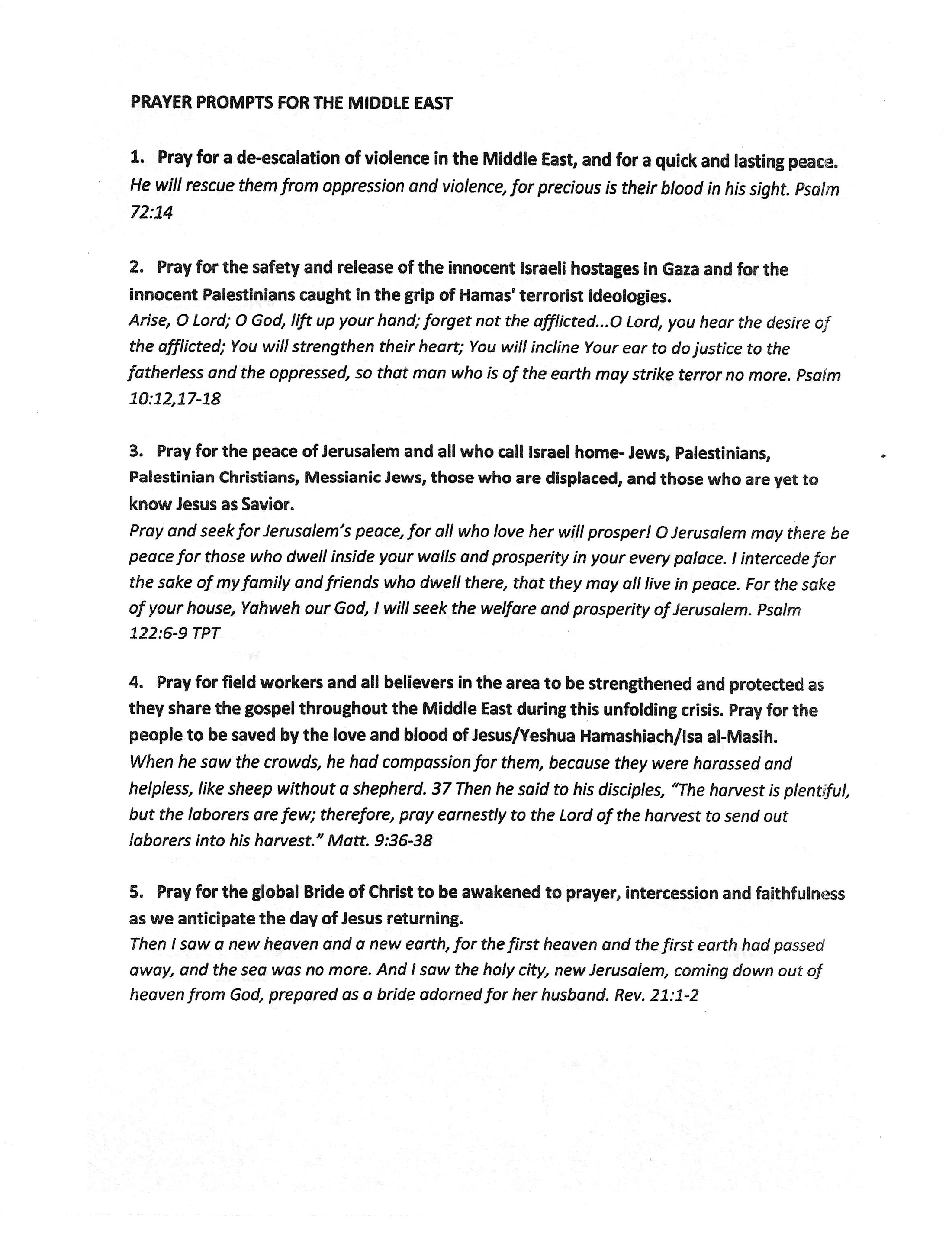 A typed document titled 'Prayer Prompts for the Middle East' with five numbered points, each asking for prayer for peace and safety in the region.