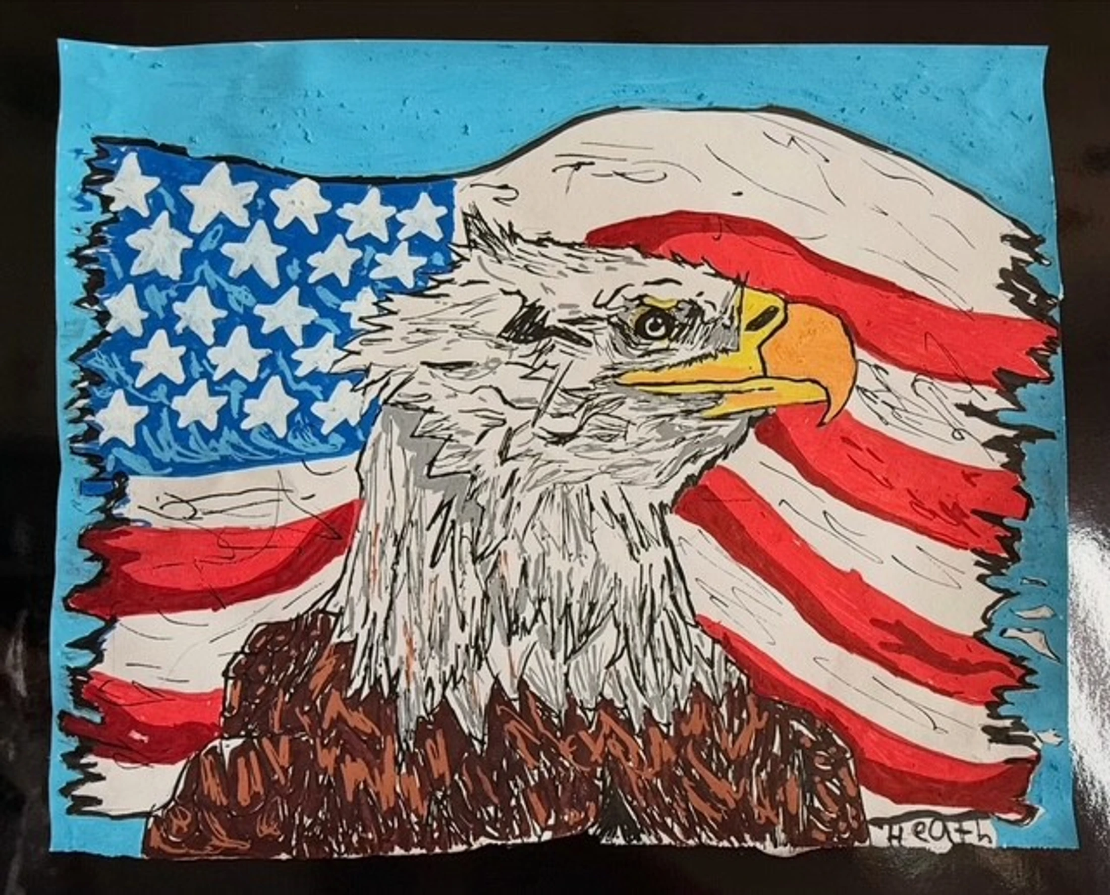 A colorful drawing of a bald eagle's head in profile, set against a waving American flag. The background is a solid light blue.