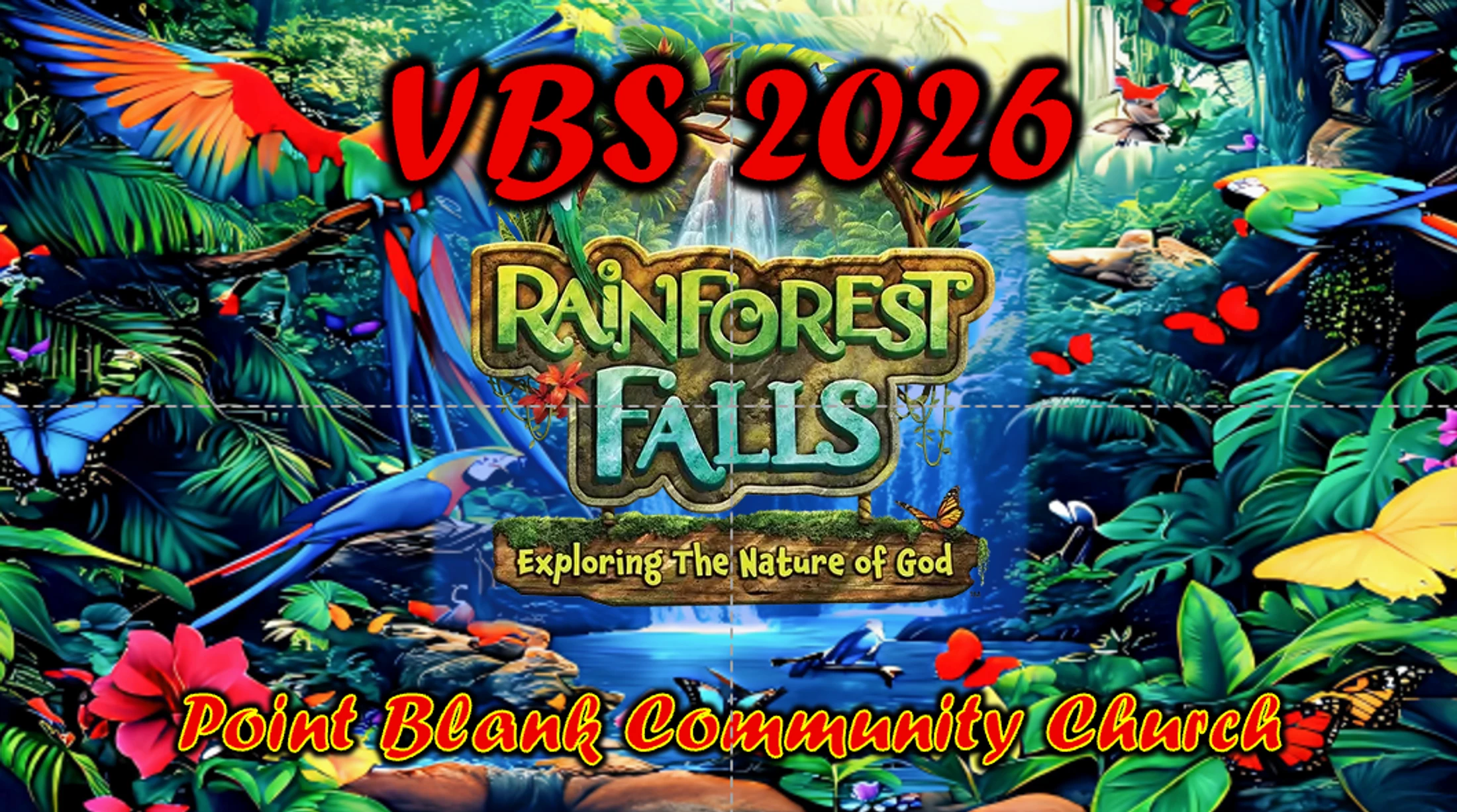 A colorful promotional image for VBS 2026: Rainforest Falls. It shows a lush jungle scene with parrots, butterflies, and a waterfall.
