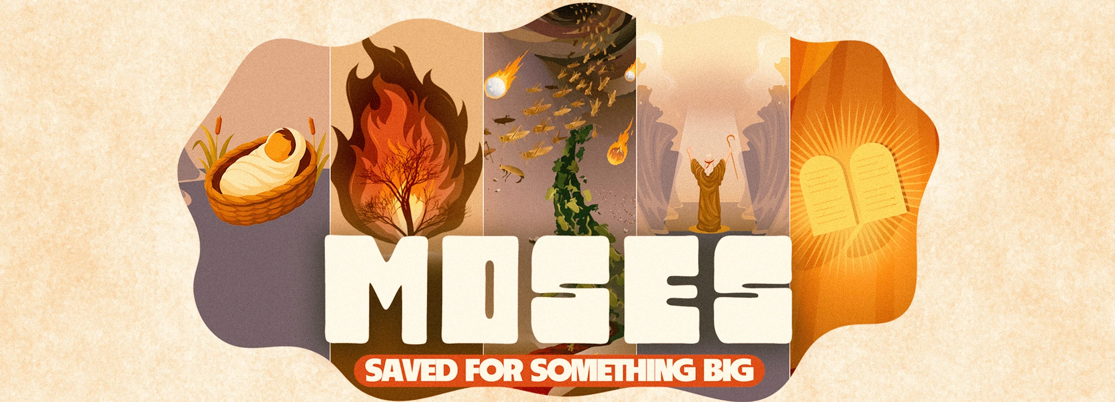 An illustration showing scenes from the life of Moses, including the basket, burning bush, plagues, parting the Red Sea, and the Ten Commandments.