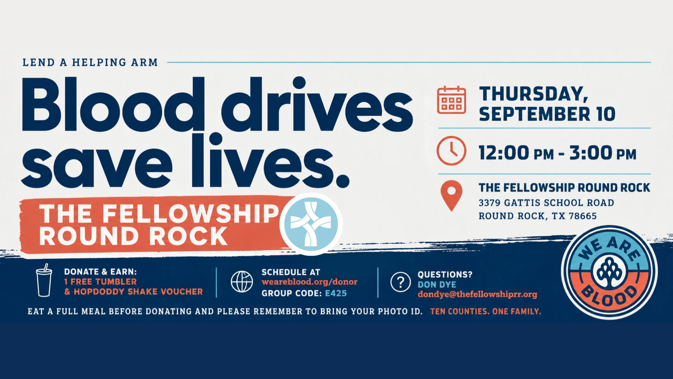 Flyer for a blood drive at The Fellowship Round Rock. The text reads 'Blood drives save lives.' and lists the event date as Thursday, September 10.