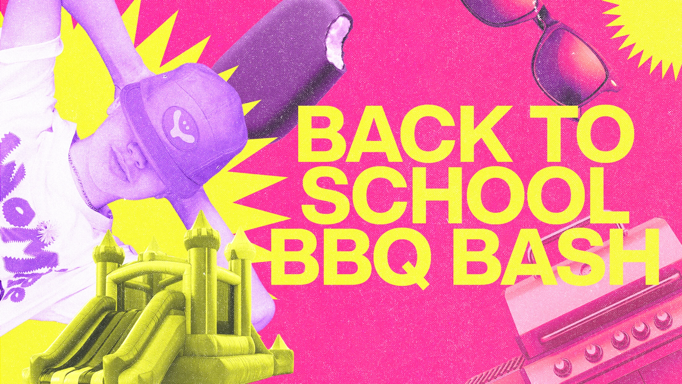 A vibrant pink and yellow graphic advertising a Back to School BBQ Bash with a collage of a bouncy castle, grill, sunglasses, and an upside-down person.
