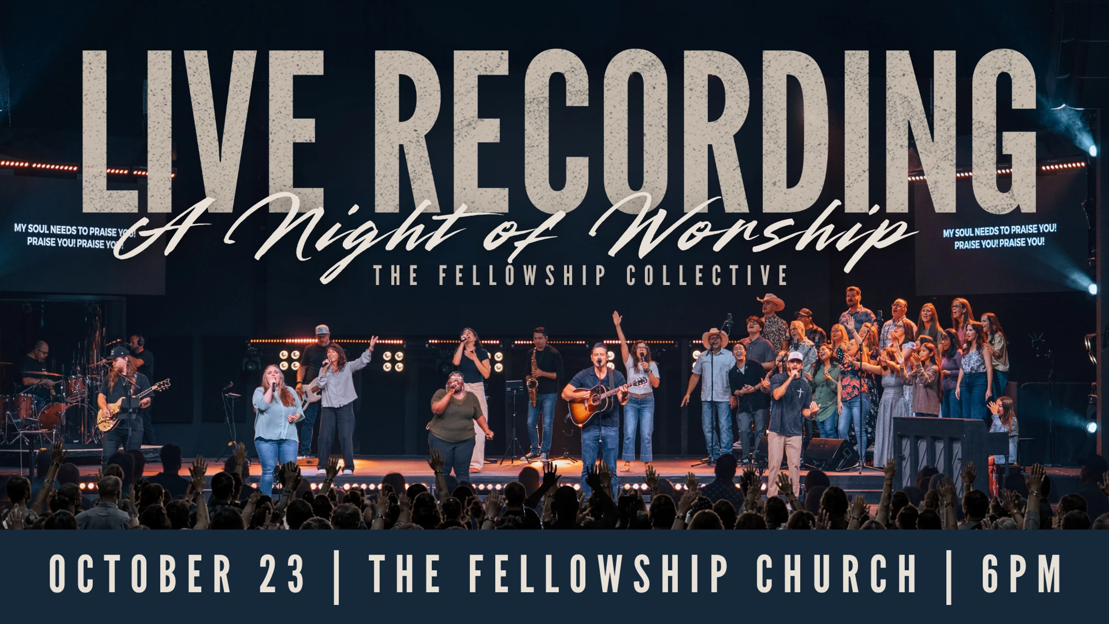 Promotional graphic for a live worship recording. A large band and choir perform on stage before a crowd with their hands raised.