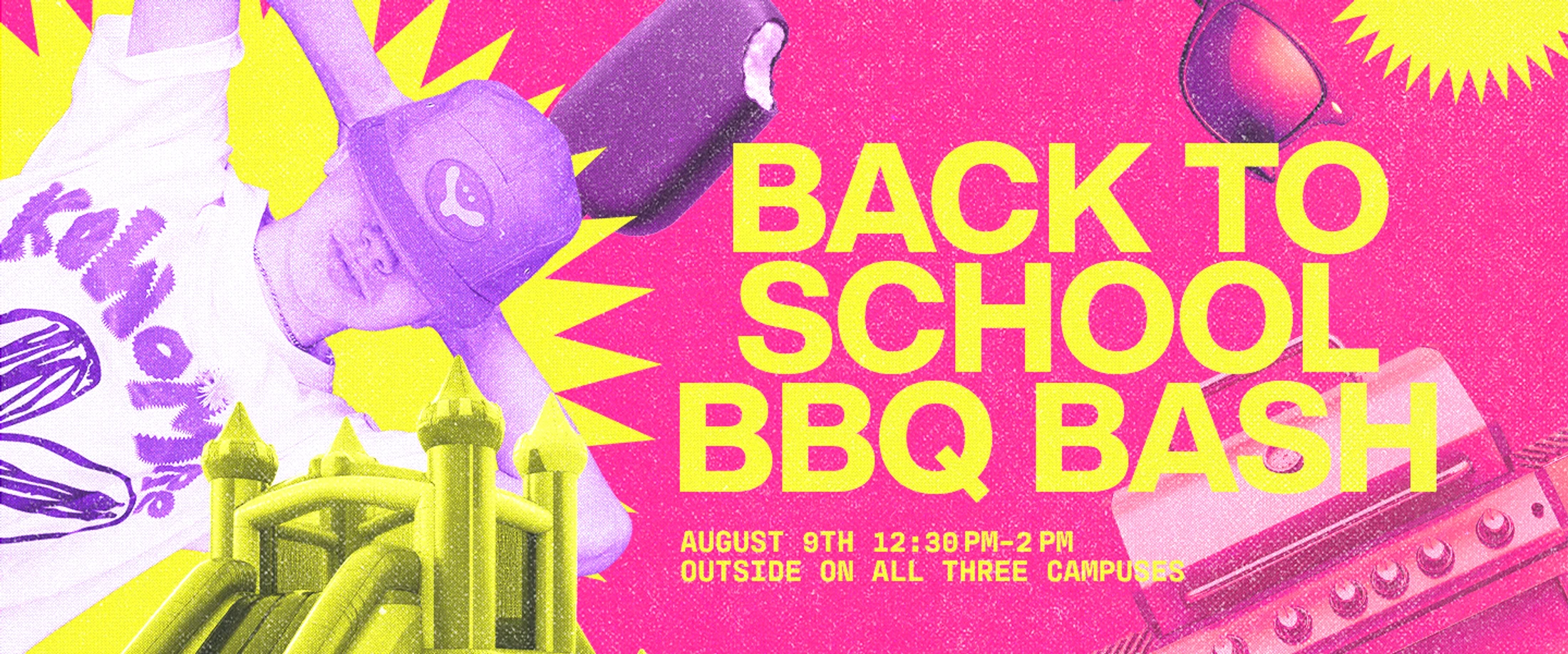 A vibrant pink and yellow banner advertising a "Back to School BBQ Bash" with a collage of a person, bounce house, grill, and ice cream.