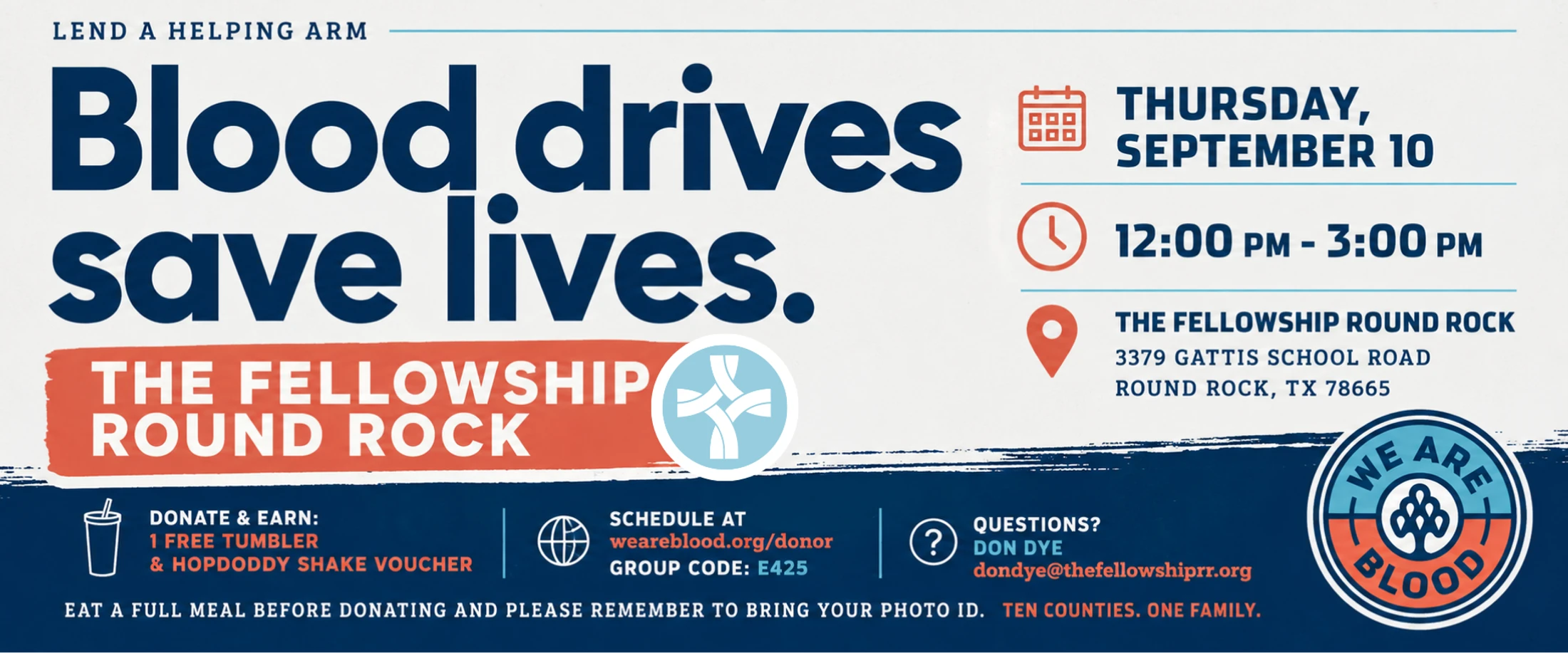 Flyer for a blood drive at The Fellowship Round Rock on Thursday, September 10 from 12-3 PM. The text reads 'Blood drives save lives' with event details.