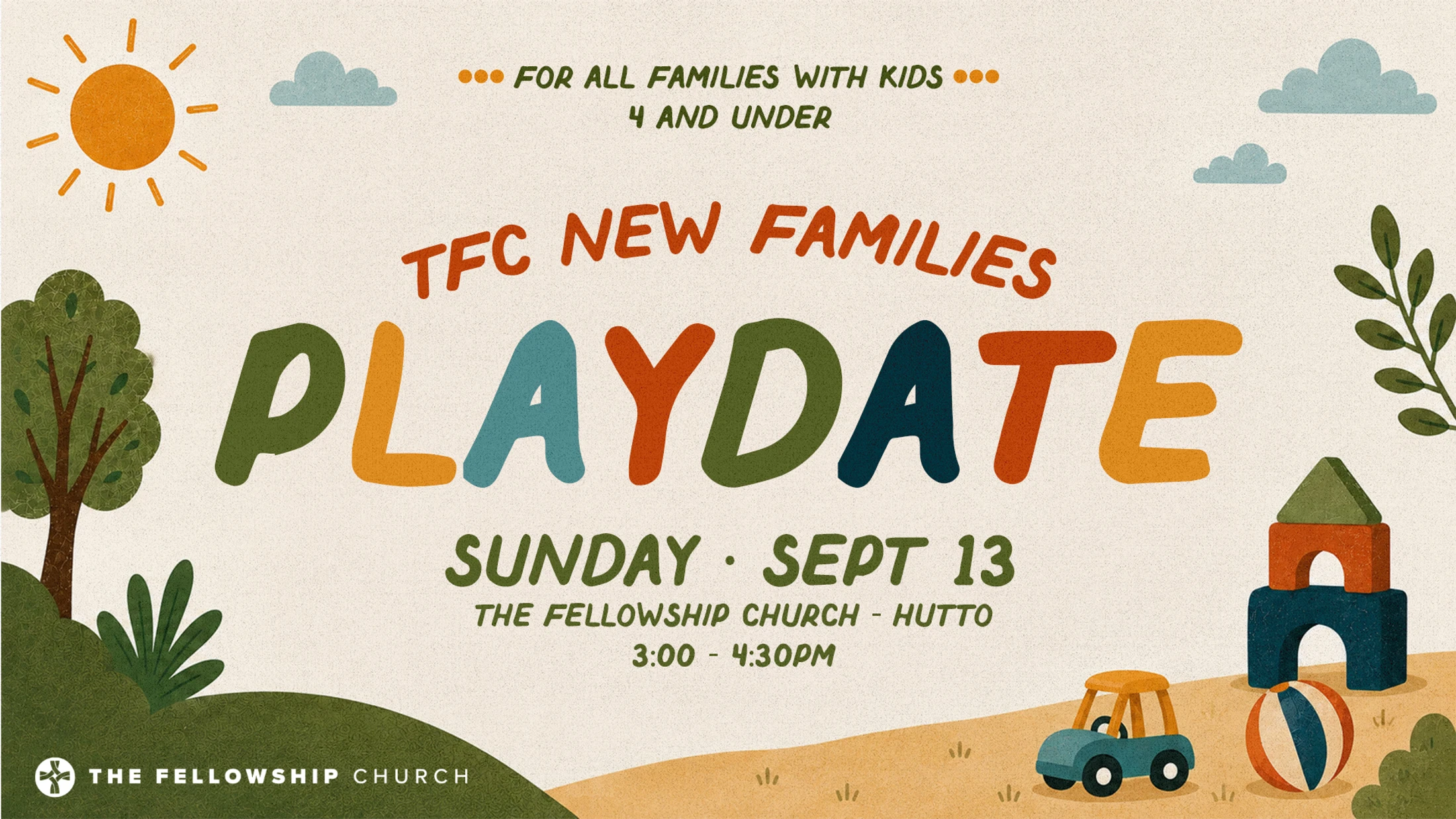 A colorful, illustrated announcement for a 'New Families Playdate' with event details, featuring drawings of a sun, trees, and children's toys.