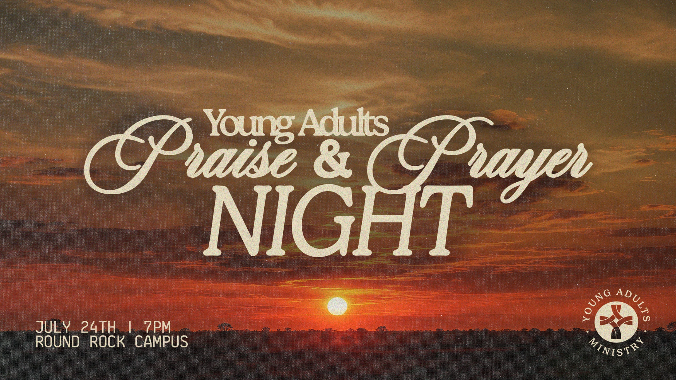 An event poster for a Young Adults Praise & Prayer Night set against a dramatic sunset background. Event details are listed at the bottom.
