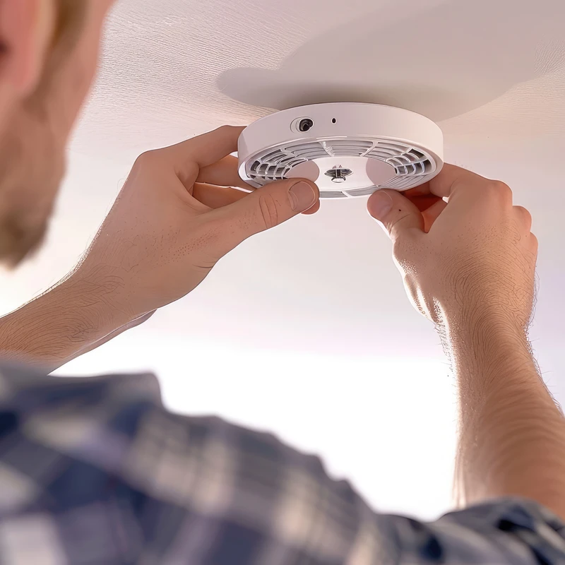 Over-the-shoulder view of a man in a plaid shirt using both hands to install a round, white smoke detector on a white ceiling.