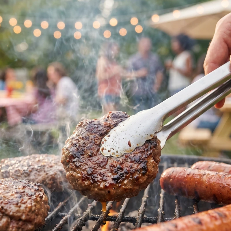 Close-up of a hand using tongs to flip a juicy hamburger patty on a smoky barbecue grill, with sausages cooking nearby and a party in the background.