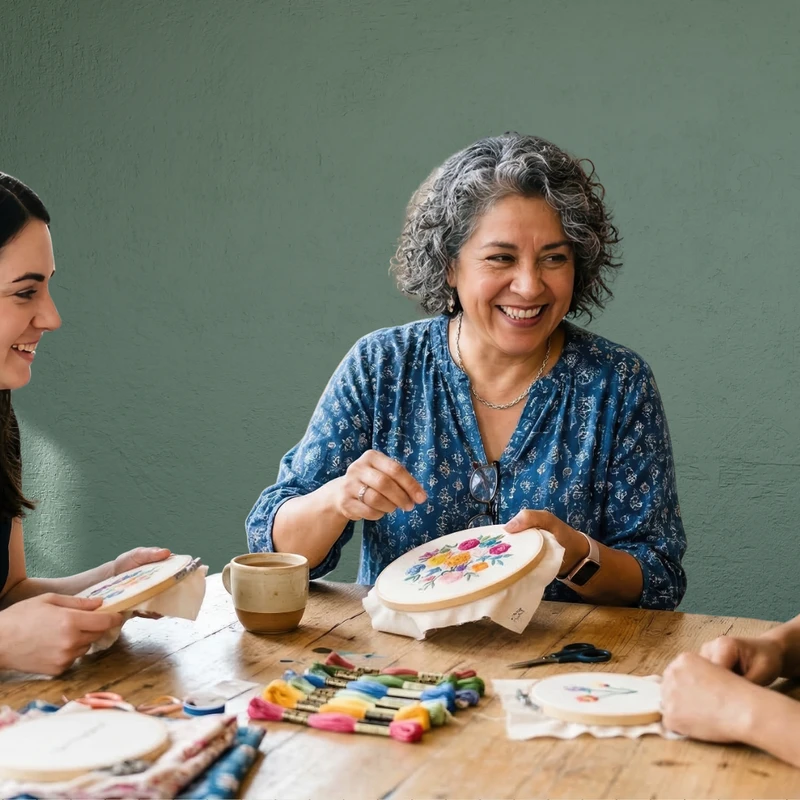 Three women of different ages sit at a wooden table, smiling and laughing together while working on floral embroidery projects in hoops.
