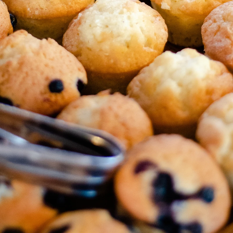 A close-up of a tray filled with an assortment of mini muffins, including blueberry and plain, with silver serving tongs in the blurred foreground.