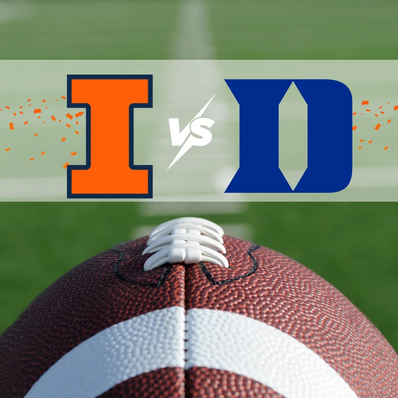 A graphic for a football game between Illinois and Duke, showing their logos over a blurred football field with a football in the foreground.