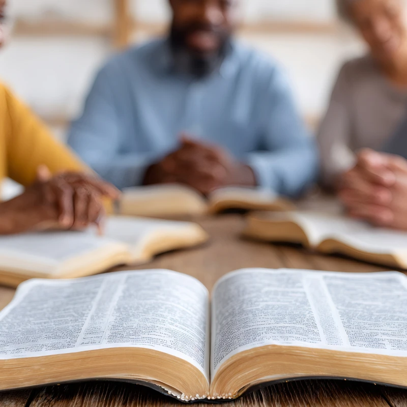A close-up of an open Bible on a table with a diverse group of older adults studying together blurred in the background.