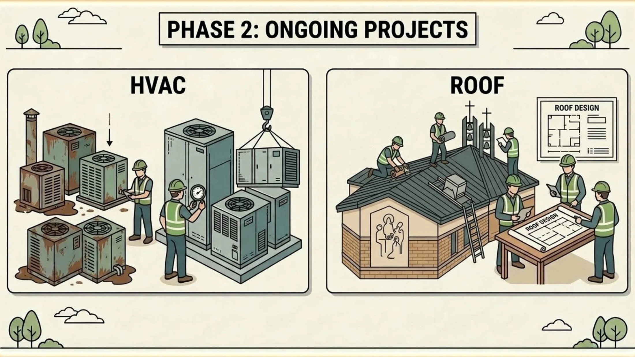 An illustration showing two construction projects. On the left, workers install new HVAC units. On the right, workers install a new roof on a building.