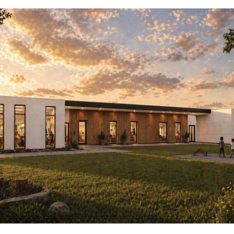 A modern, single-story school building with a large grassy yard. Several young children play outside on the lawn and playground as the sun sets.