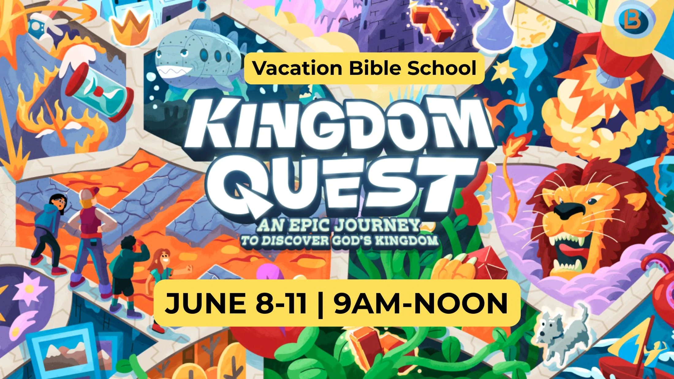 A colorful promotional graphic for a Vacation Bible School called 'Kingdom Quest', showing kids on an adventure. Event details: June 8-11, 9am-noon.