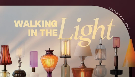 A graphic with the text "Walking in the Light" displayed over a collection of various eclectic and colorful table lamps against a neutral background.