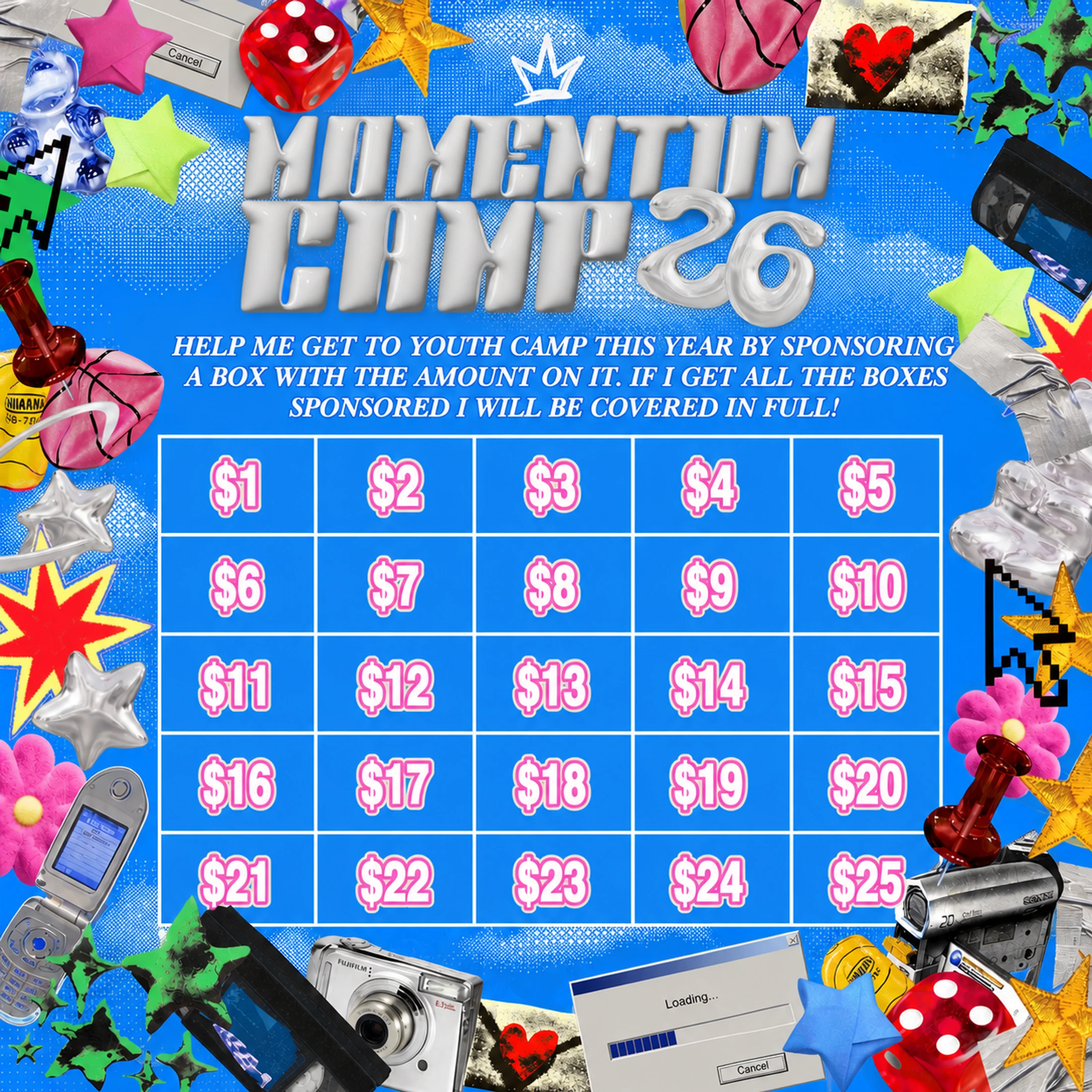 A colorful Y2K-themed graphic for a 'Momentum Camp 26' fundraiser. It features a grid of sponsorship dollar amounts from $1 to $25.