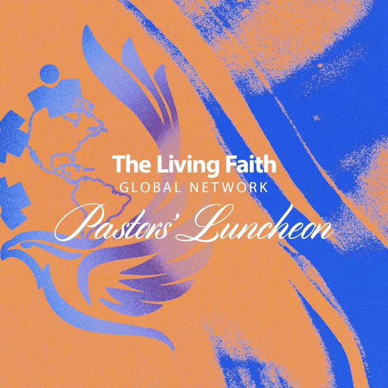 An event graphic for a Pastors' Luncheon. A blue dove with a world map on it flies over an orange background with abstract blue brush strokes.
