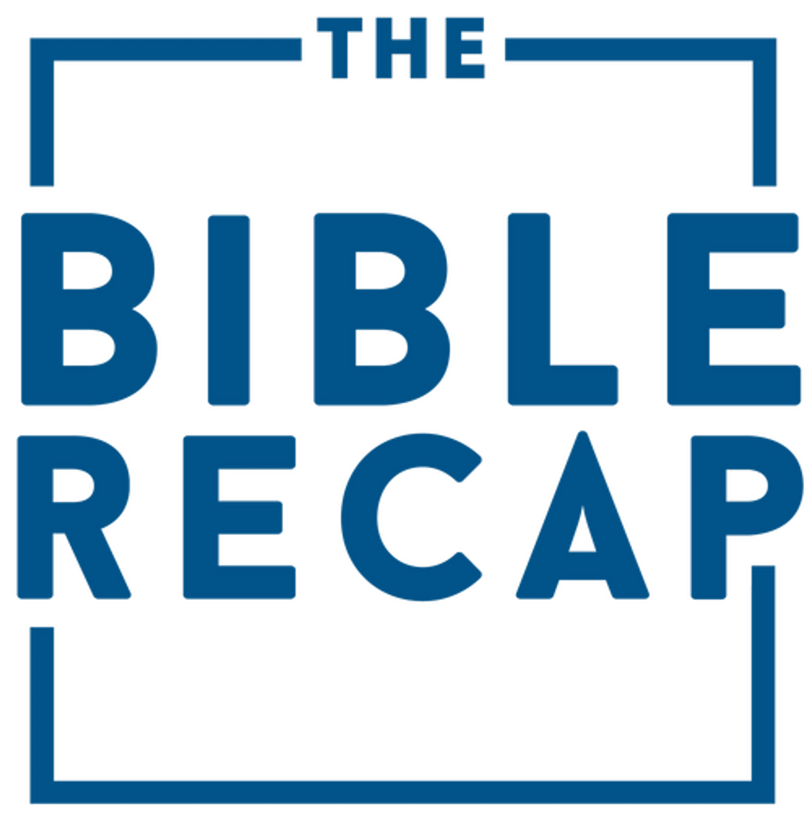 The logo for The Bible Recap podcast, featuring the words 'THE BIBLE RECAP' in bold blue text inside a partial blue frame on a white background.