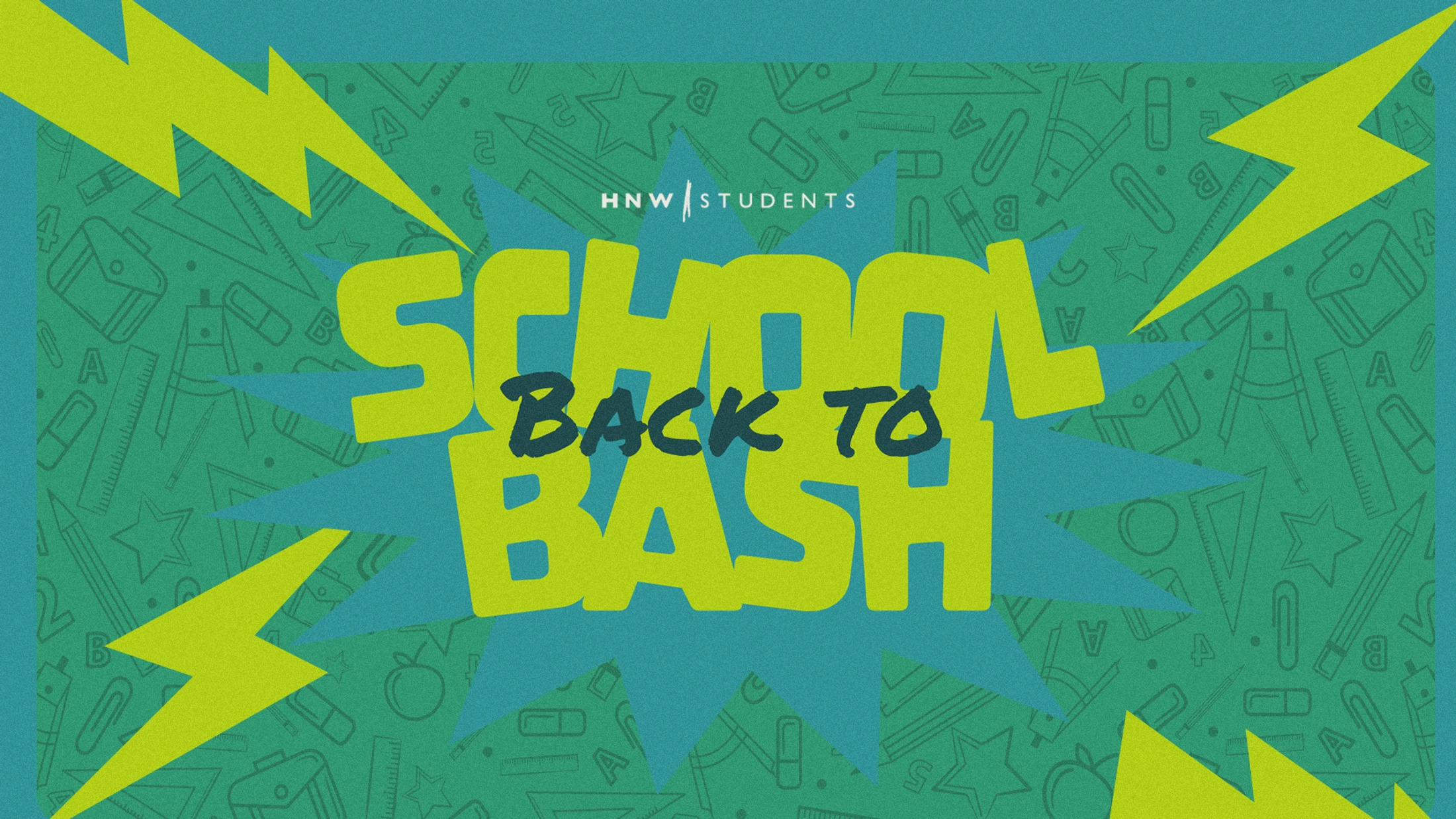 A graphic for a "School Back to Bash" student event. The text is lime green over a teal background with a pattern of school supplies and lightning bolts.