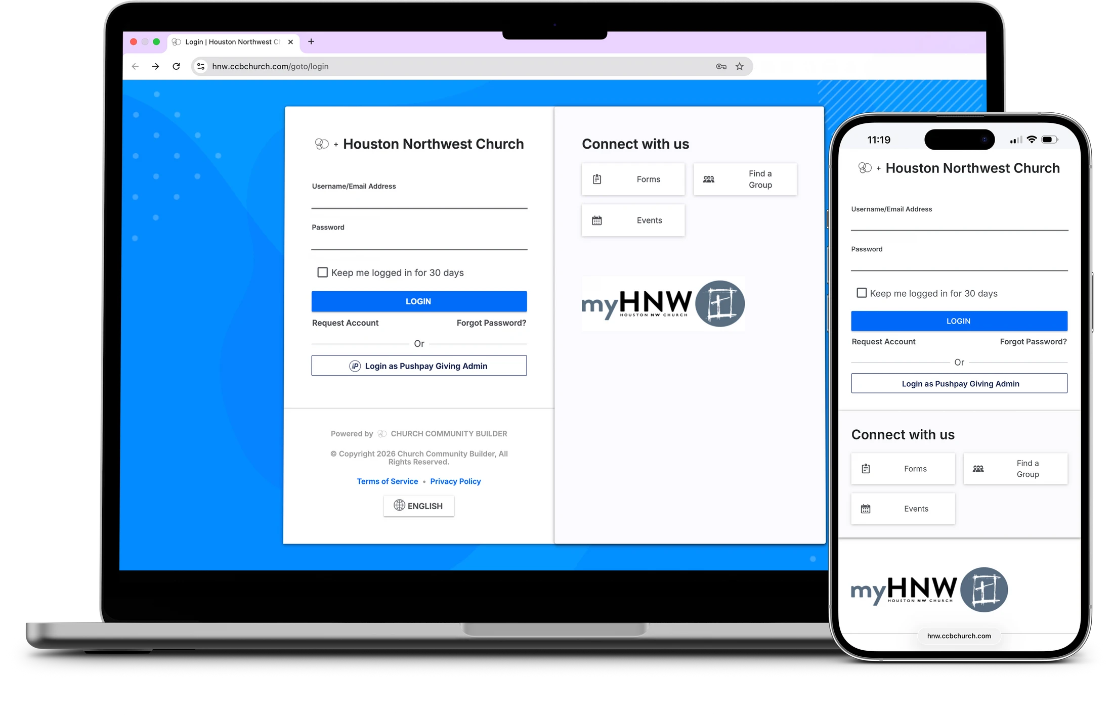 A laptop and smartphone displaying the responsive login page for Houston Northwest Church, showing how the layout adapts for desktop and mobile screens.