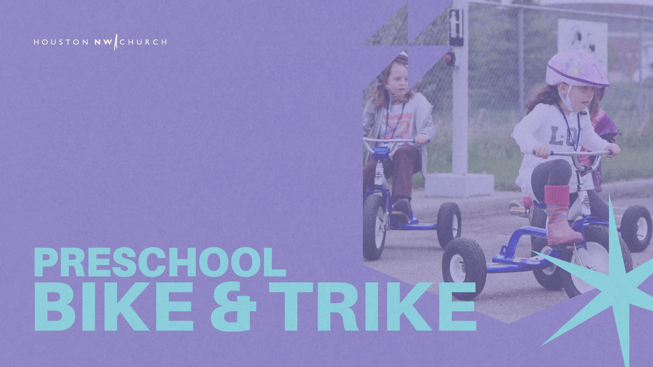 A graphic for a preschool bike and trike event shows two young girls in helmets riding tricycles outdoors on pavement. The image has a purple overlay.