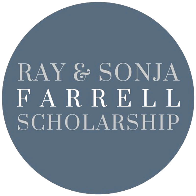 A logo for the Ray & Sonja Farrell Scholarship. The text is in a serif font inside a dark blue-grey circle.