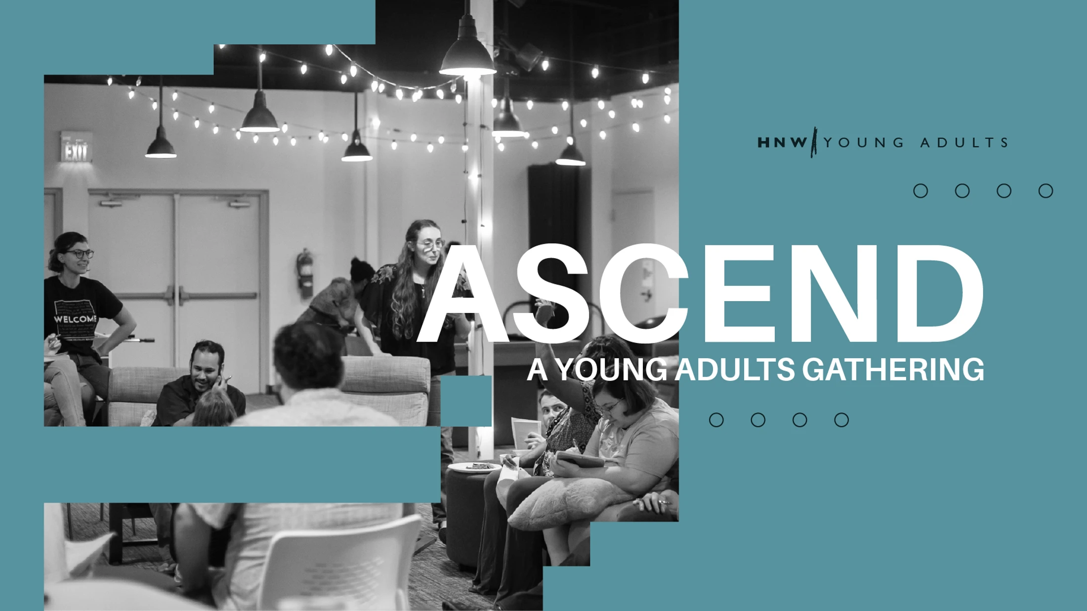 A promotional graphic for a young adults event called Ascend, with black and white photos of people socializing in a room with string lights.