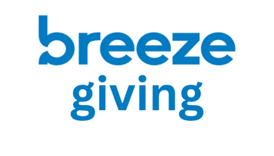 The Breeze Giving logo, featuring the words 'breeze' and 'giving' in blue, lowercase letters stacked vertically on a white background.