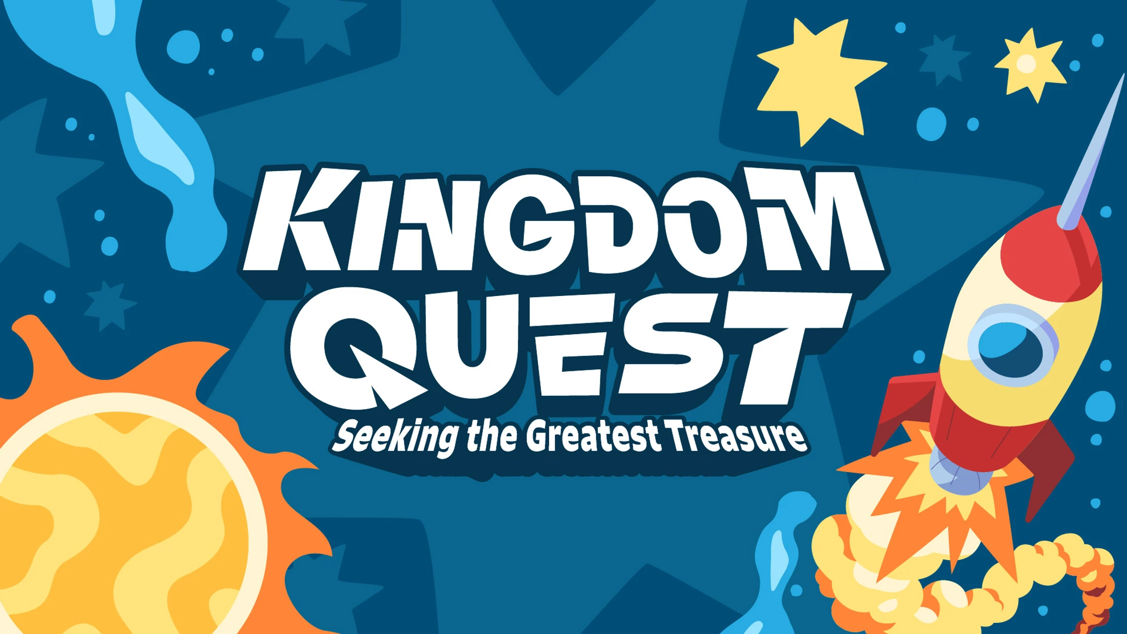 A colorful graphic for "Kingdom Quest" with a cartoon rocket ship, sun, and stars on a dark blue background.