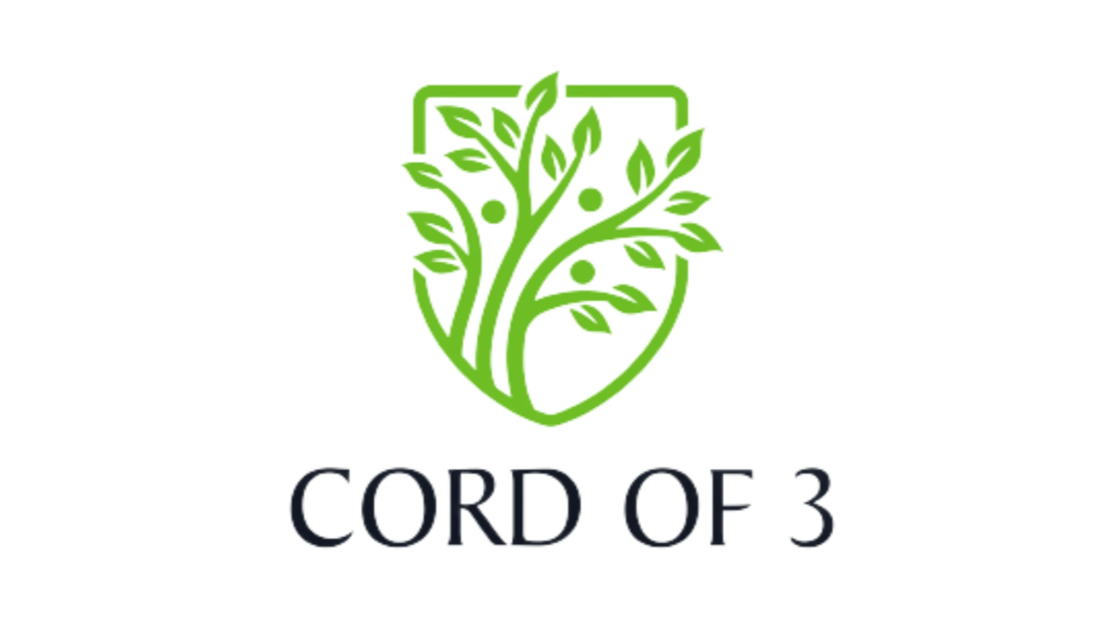 The logo for Cord of 3, featuring a green shield icon with a stylized tree inside. The tree's branches form abstract figures, symbolizing a family or group.
