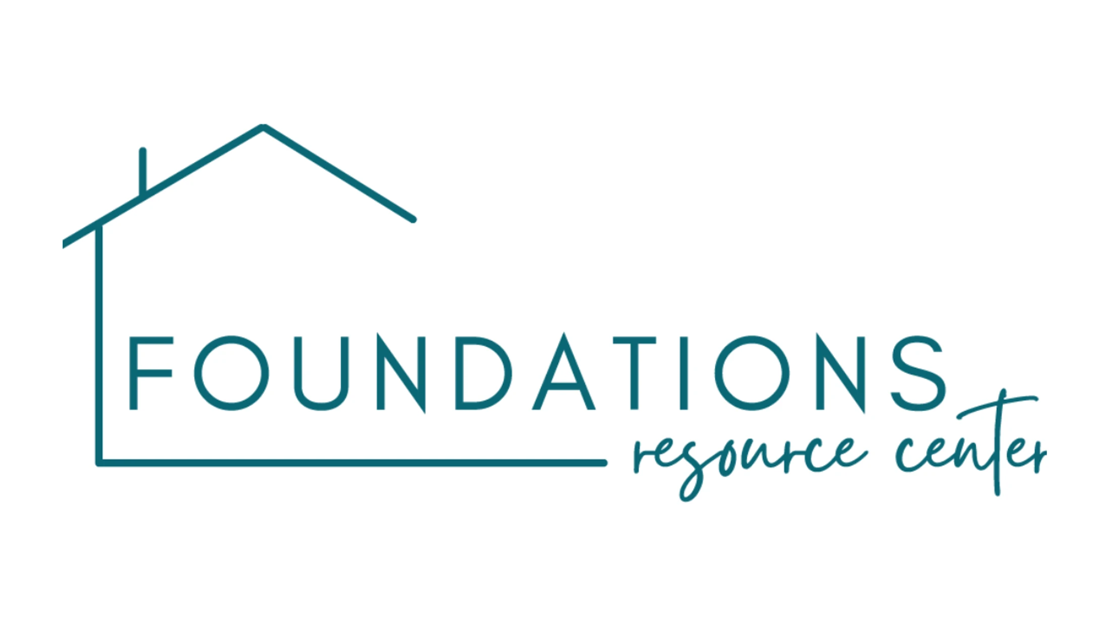 Teal logo for Foundations Resource Center. An outline of a house frames the word 'FOUNDATIONS' with 'resource center' written in script below.
