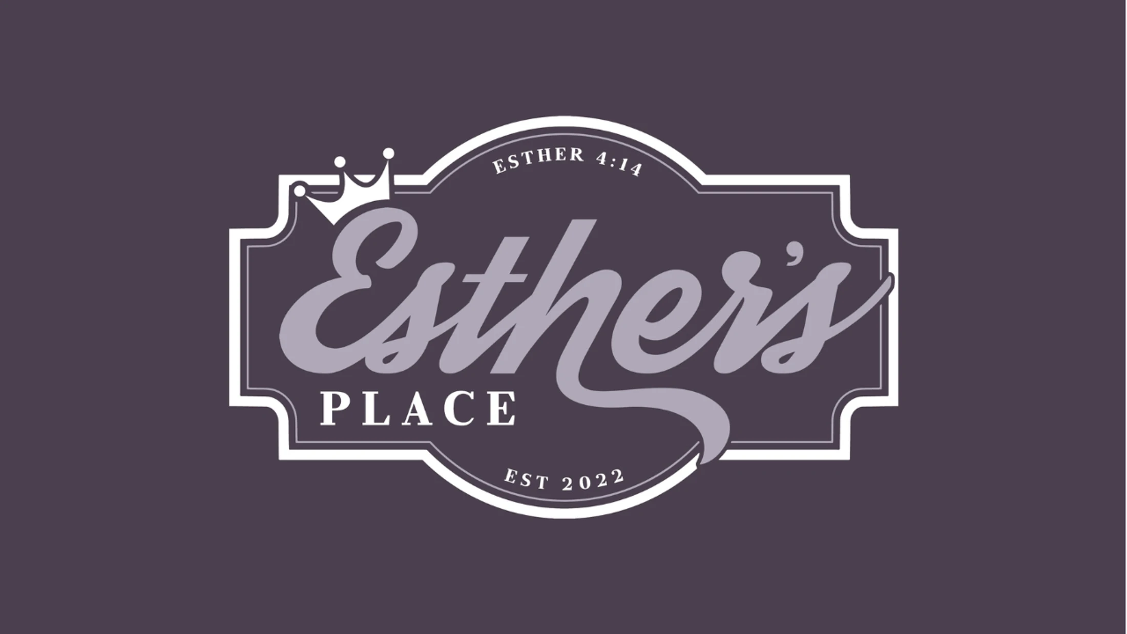 The logo for Esther's Place on a dark purple background. The text is in a light purple script, framed by a white border with a crown on top.