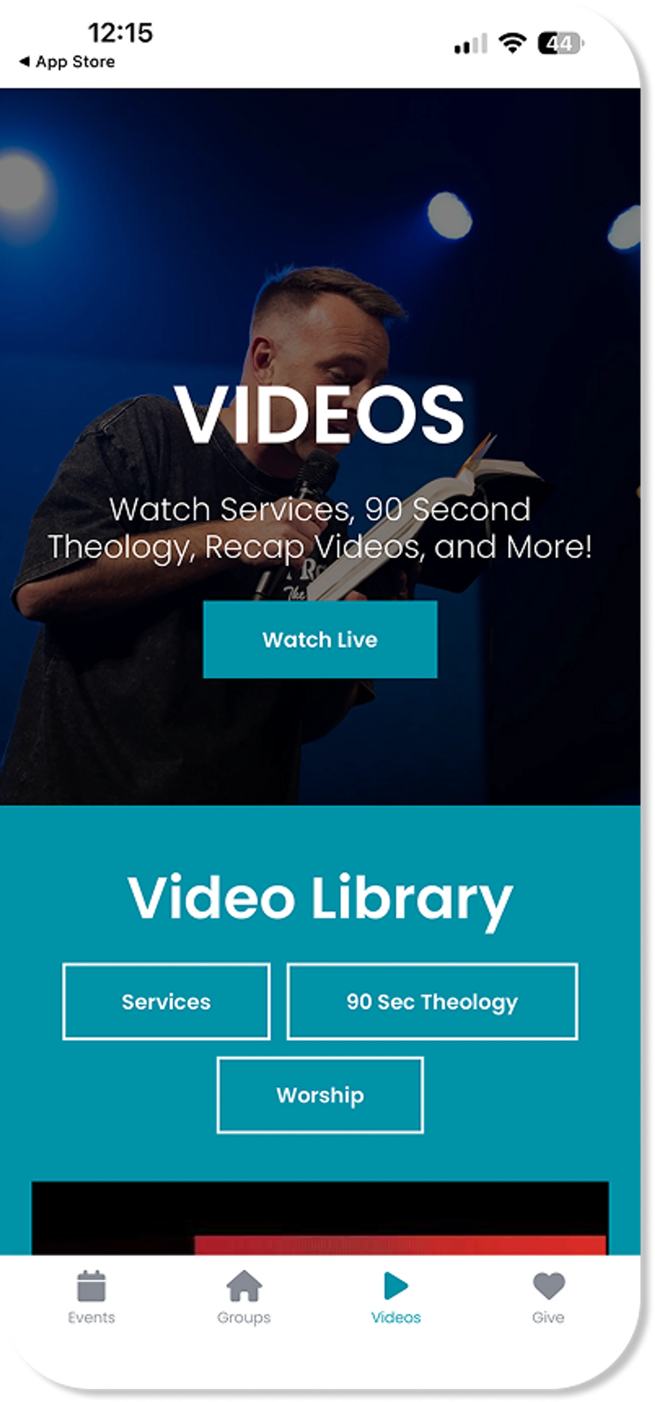 A screenshot of a church's mobile app. The screen shows a video library with options to watch live services, theology videos, and worship sessions.