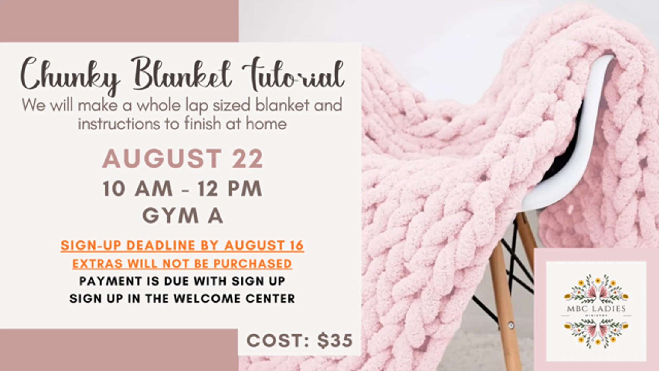 An announcement for a Chunky Blanket Tutorial on August 22. A large, pink, chunky knit blanket is draped over a white chair on the right side.