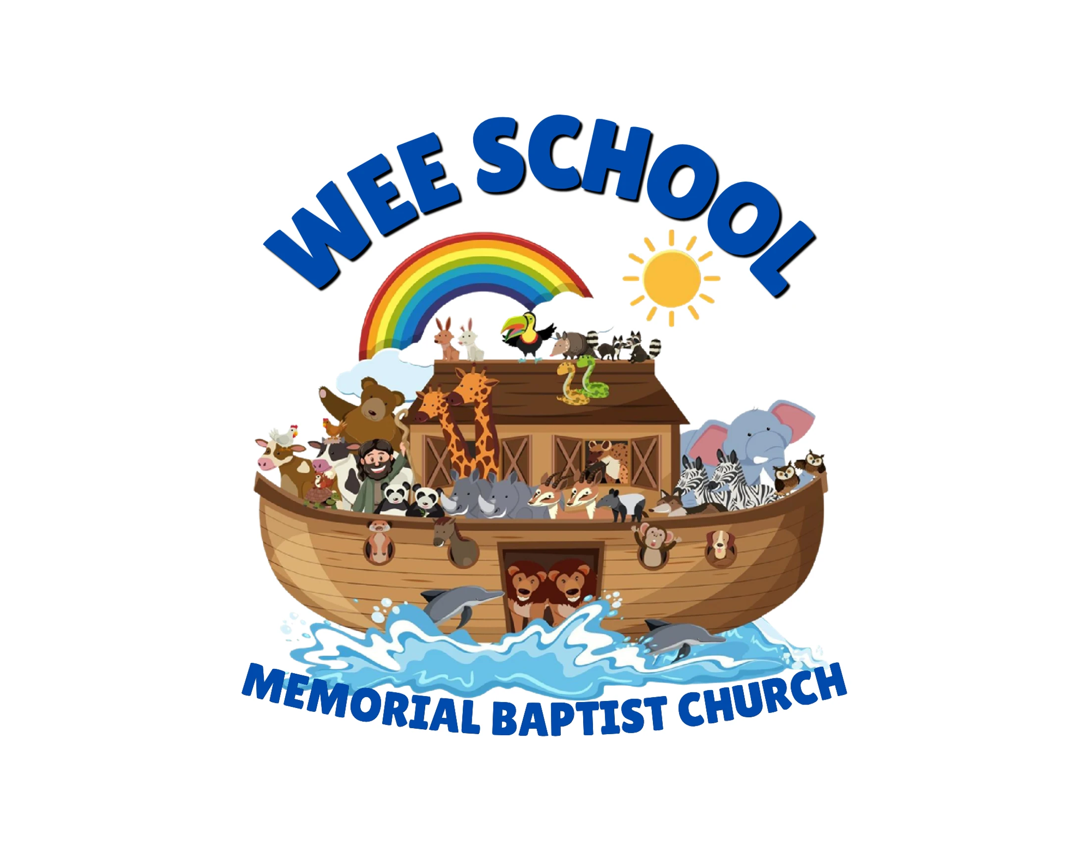 A colorful cartoon logo featuring Noah's Ark filled with animals. The text reads 'Wee School' above the ark and 'Memorial Baptist Church' below.