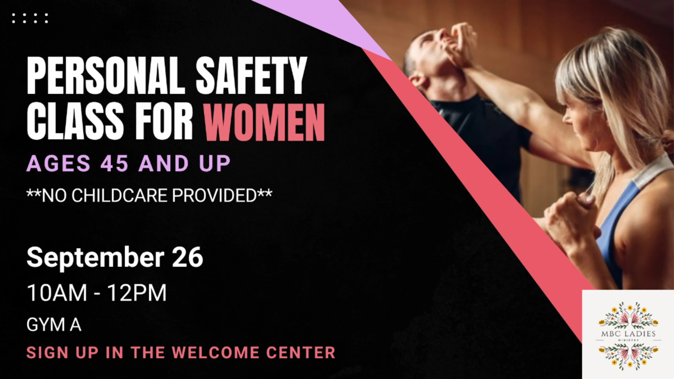 A promotional graphic for a women's personal safety class, showing a woman practicing a self-defense move. Text details the event on September 26.