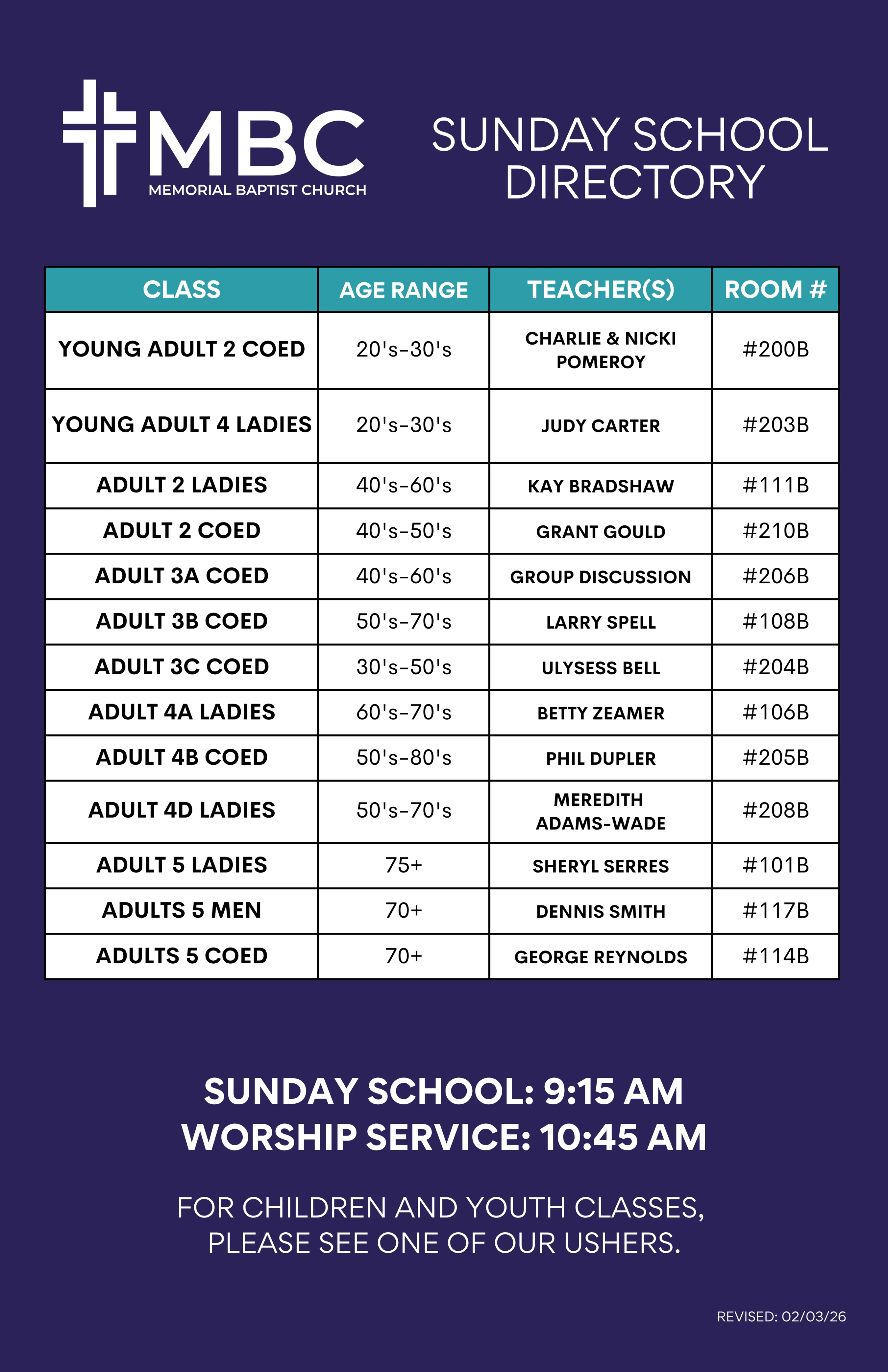 A directory for Memorial Baptist Church's Sunday School, listing adult classes, age ranges, teachers, and room numbers. Service times are also listed.