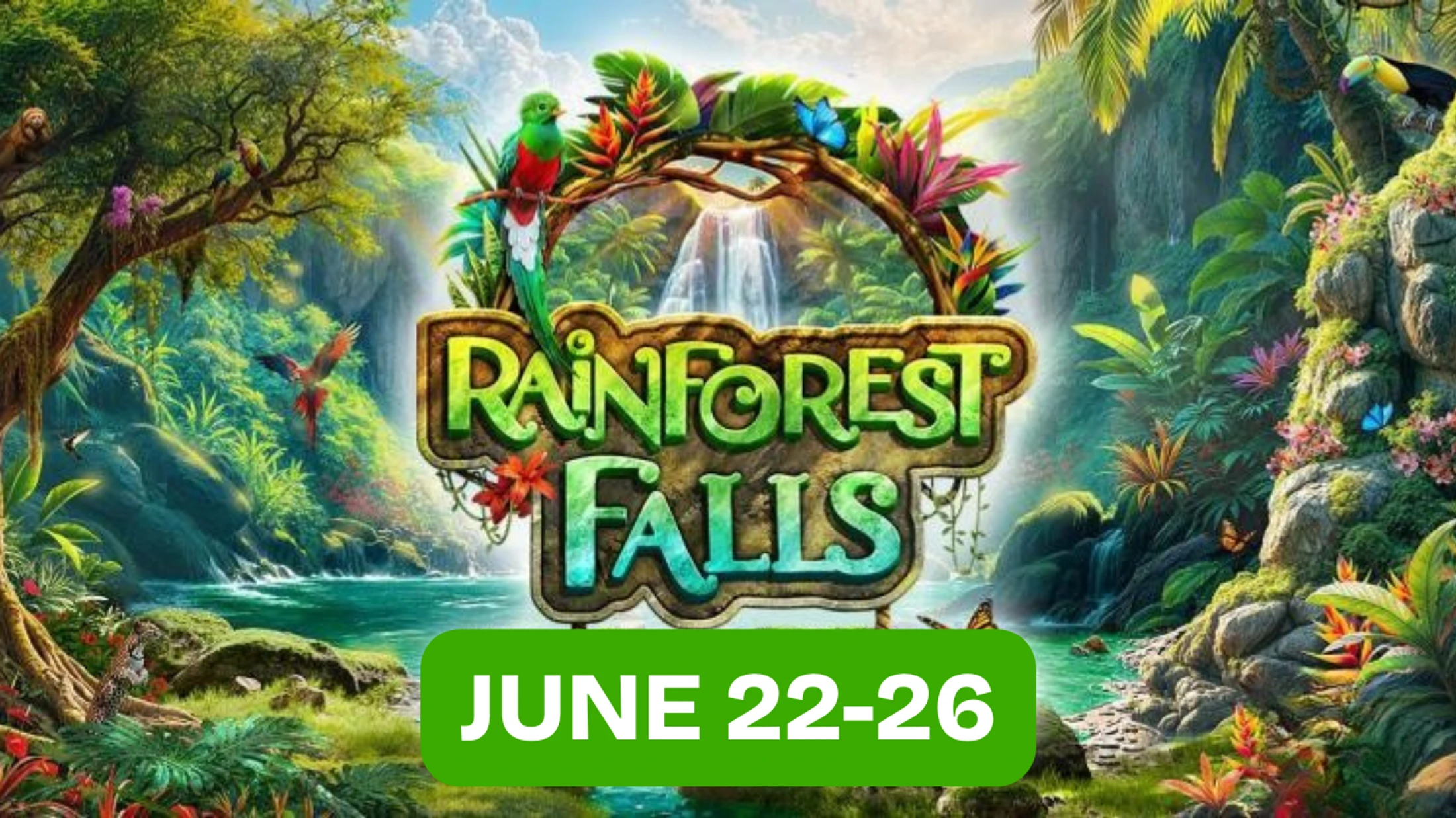 A vibrant illustration of a lush rainforest with a waterfall and exotic birds. The text reads "Rainforest Falls, June 22-26."