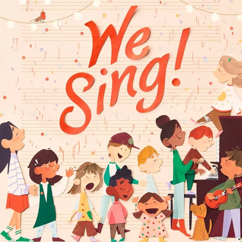 The book cover for 'We Sing!' shows a diverse group of illustrated children joyfully singing and playing music together against a sheet music background.