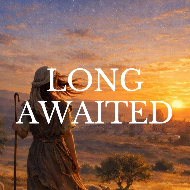A shepherd with a staff looks out over a town at sunrise under a starry sky. The words 'LONG AWAITED' are written in large white letters across the image.